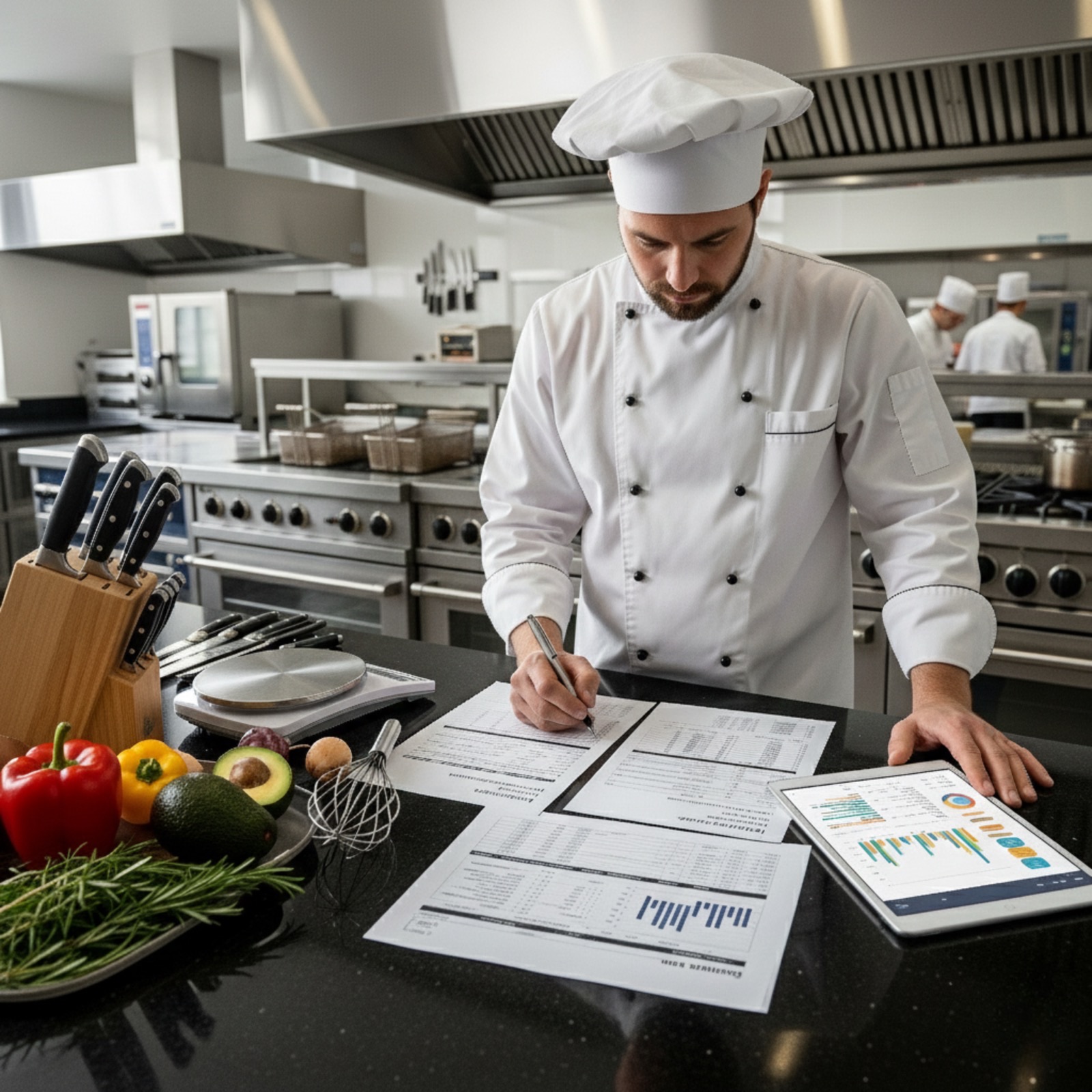 Chef y técnico revisando fichas técnicas