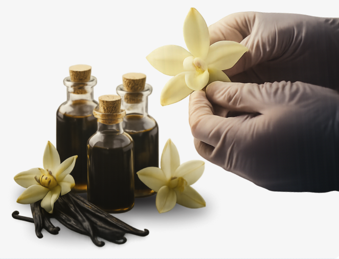 Botellas de extracto de vainilla con mano de chef sosteniendo flor de vainilla